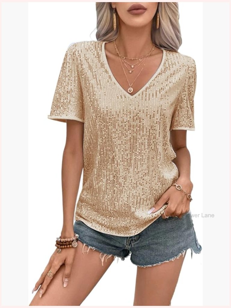 Short Sleeve Sequin V-Neck Blouse Sparkly Party Top